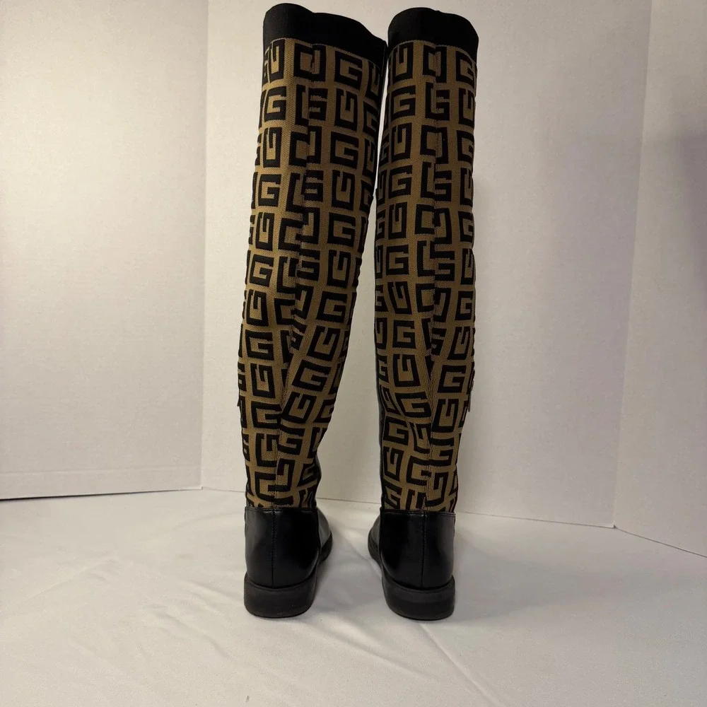 Guess Over The Knee Boots Womens Black Tan Monogram Knit Pull on/Zip